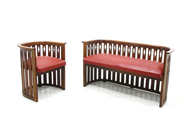 Vintage Viennese Oak Sofa and Armchair, Set of 2-WVA-743694