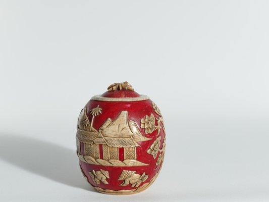 Vintage Vietnamese Red Hand Carved Soapstone Lidded Jar-RUK-1758027