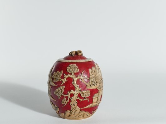 Vintage Vietnamese Red Hand Carved Soapstone Lidded Jar-RUK-1758027