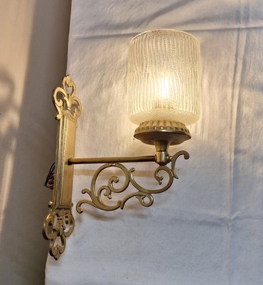 Vintage Wall Lamp with a Brass and Bronze Frame and a Fluted Glass Shade, 1970s-HOI-2018220