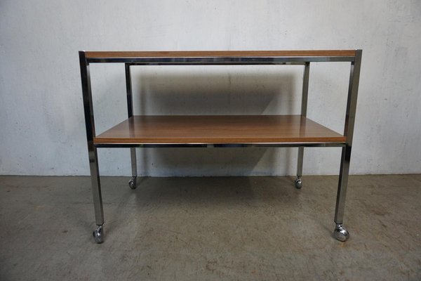 Vintage Walnut Serving Trolley with Chrome Frame-GPQ-1274873