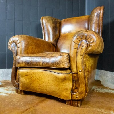 Vintage Weathered Brown Leather Armchair-IA-723333