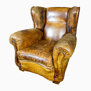 Vintage Weathered Brown Leather Armchair-IA-723333