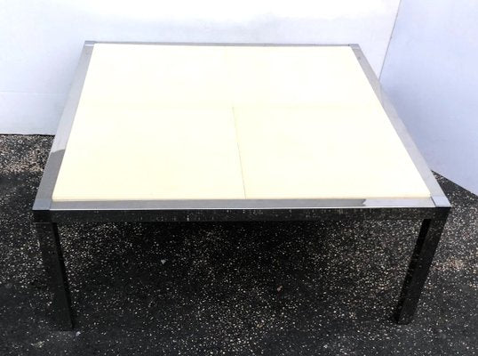 Vintage White and Stainless Parchment Square Coffee Table, 1970s-WIM-811609