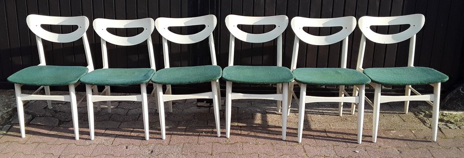 Vintage White Lacquered Wood & Green Wool Dining Chairs, 1970s, Set of 6-HOI-698562