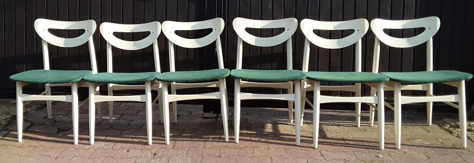 Vintage White Lacquered Wood & Green Wool Dining Chairs, 1970s, Set of 6-HOI-698562