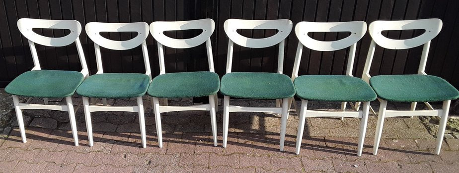 Vintage White Lacquered Wood & Green Wool Dining Chairs, 1970s, Set of 6-HOI-698562