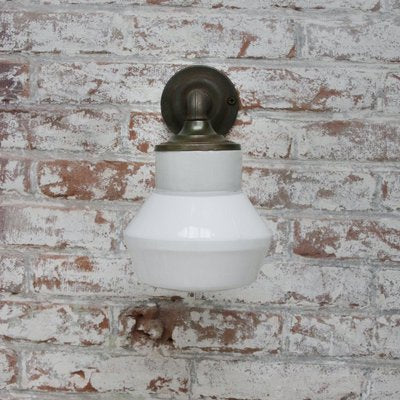 Vintage White Opaline Milk Glass, Brass & Cast Iron Sconce-BLS-967225