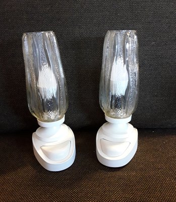 Vintage White Plastic Bedside Lamps with Clear Relief Glass Screen, 1980s, Set of 2-HOI-1279218