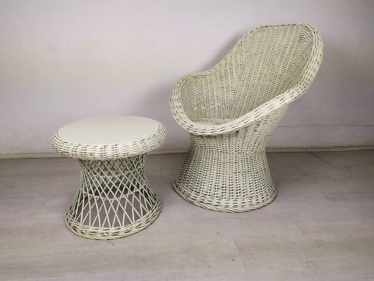 Vintage White Rattan Armchair and Table, Set of 2-EAD-1324075