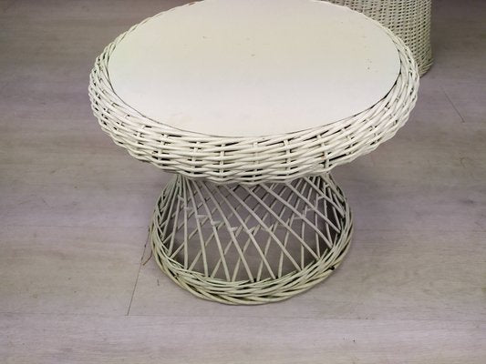 Vintage White Rattan Armchair and Table, Set of 2-EAD-1324075