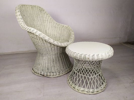 Vintage White Rattan Armchair and Table, Set of 2-EAD-1324075