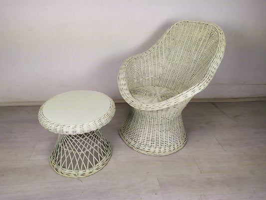 Vintage White Rattan Armchair and Table, Set of 2-EAD-1324075