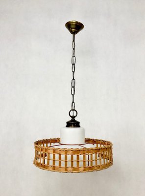 Vintage Wicker and Brass Pendant Lamp, 1970s-ZCY-1376215