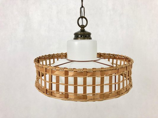 Vintage Wicker and Brass Pendant Lamp, 1970s-ZCY-1376215