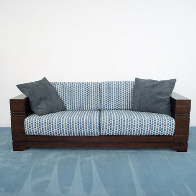 Vintage Wood and Blue Polka Dot Fabric 2-Seater Sofa, 1970s-ZLY-730662