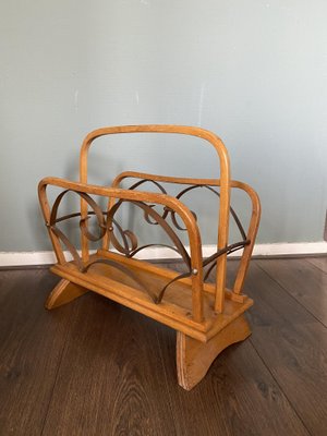 Vintage Wood and Brass Magazine Rack, 1930s-DE-694893