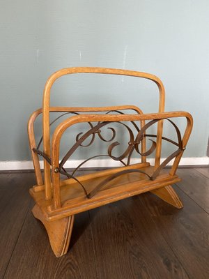 Vintage Wood and Brass Magazine Rack, 1930s-DE-694893