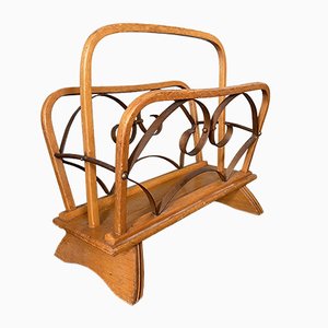 Vintage Wood and Brass Magazine Rack, 1930s-DE-694893