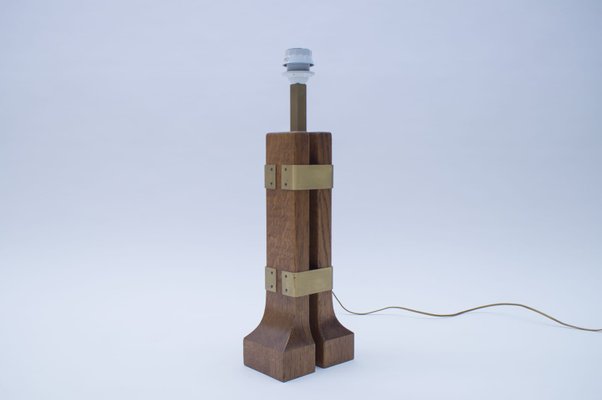 Vintage Wood and Brass Table Lamp, 1960s-KQB-686613