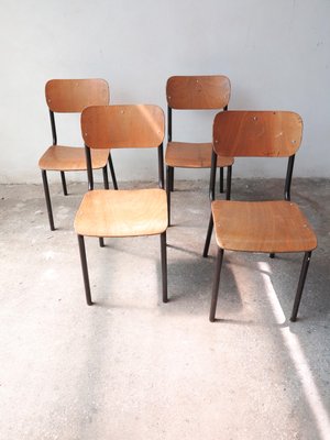 Vintage Wood and Tubular Black School Chairs, Set of 4-GGK-644730