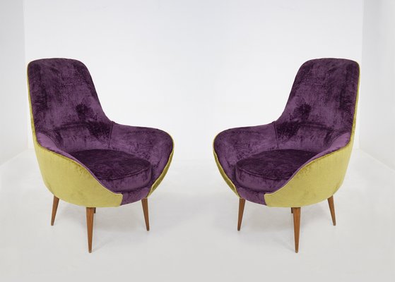 Vintage Wooden Armchairs in Purple and Green Velvet, Set of 2-RCE-1251304