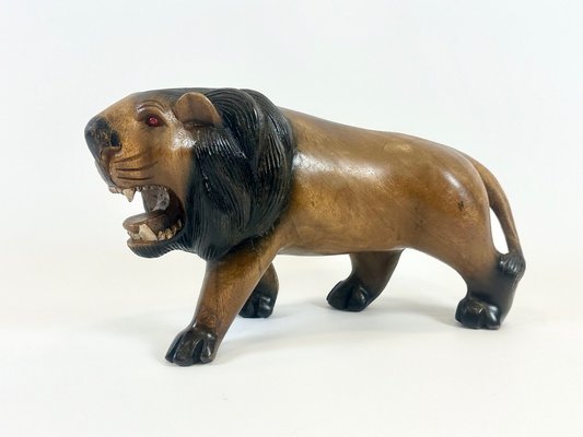 Vintage Wooden Carved Lion Figure, 1930s-ZCY-2031579