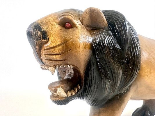 Vintage Wooden Carved Lion Figure, 1930s-ZCY-2031579