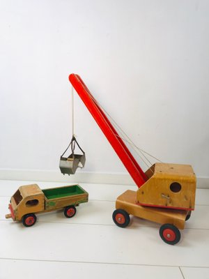 Vintage Wooden Children's Toy Crane and Truck, Set of 2-WQJ-799904