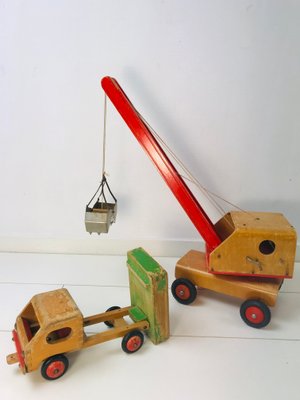 Vintage Wooden Children's Toy Crane and Truck, Set of 2-WQJ-799904