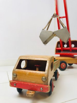 Vintage Wooden Children's Toy Crane and Truck, Set of 2-WQJ-799904