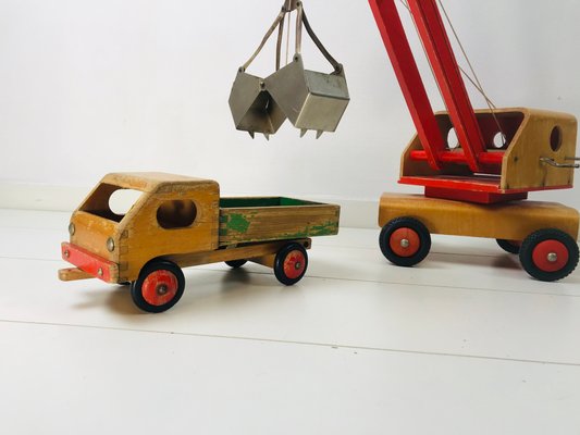 Vintage Wooden Children's Toy Crane and Truck, Set of 2-WQJ-799904