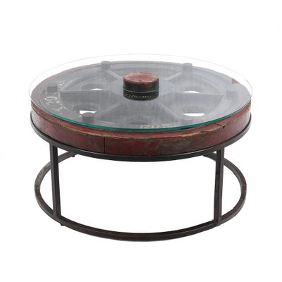 Vintage Wooden Coffee Table with Glass Top and Iron Legs-NQ-904927