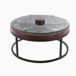 Vintage Wooden Coffee Table with Glass Top and Iron Legs-NQ-904927