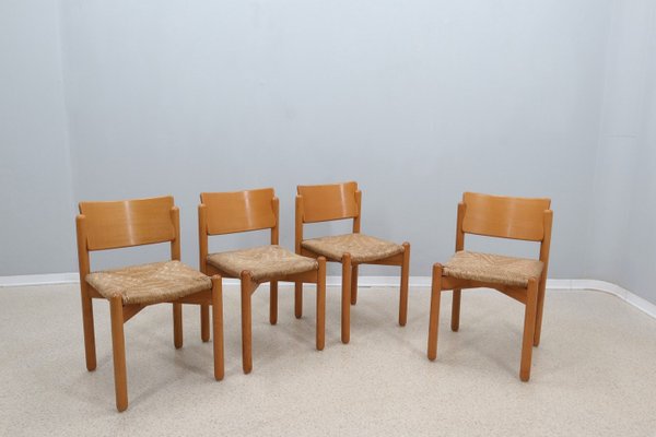 Vintage Wooden Dining Chairs with Straw Seat, 1970s, Set of 4-ZQ-2022567