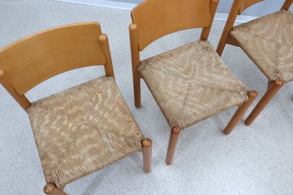 Vintage Wooden Dining Chairs with Straw Seat, 1970s, Set of 4-ZQ-2022567