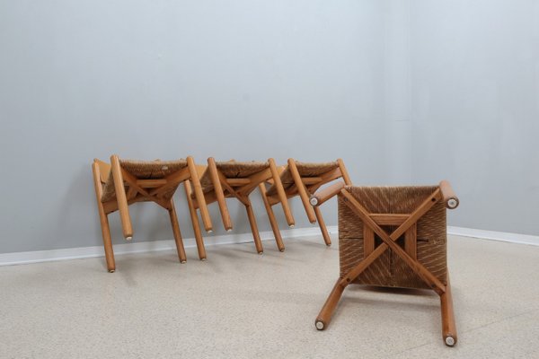 Vintage Wooden Dining Chairs with Straw Seat, 1970s, Set of 4-ZQ-2022567