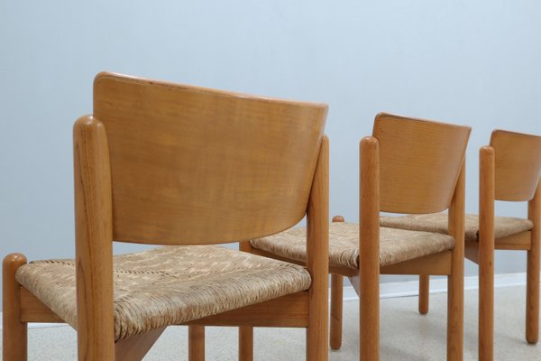 Vintage Wooden Dining Chairs with Straw Seat, 1970s, Set of 4-ZQ-2022567