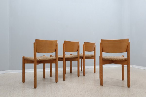 Vintage Wooden Dining Chairs with Straw Seat, 1970s, Set of 4-ZQ-2022567