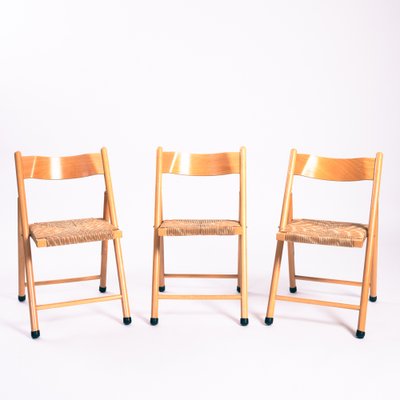 Vintage Wooden Folding Chairs with Rush Seats, Set of 3-NQU-1397153