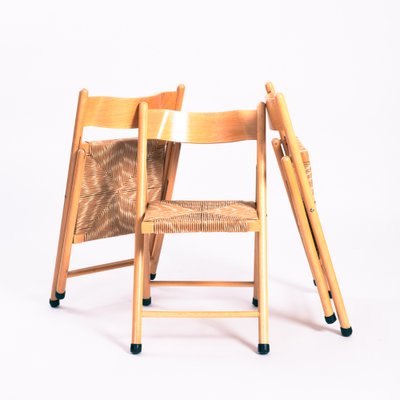 Vintage Wooden Folding Chairs with Rush Seats, Set of 3-NQU-1397153