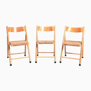 Vintage Wooden Folding Chairs with Rush Seats, Set of 3-NQU-1397153