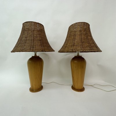 Vintage Wooden Table Lamps with Rattan Shade from Ikea, 1980s, Set of 2-BGP-1697247