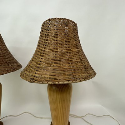 Vintage Wooden Table Lamps with Rattan Shade from Ikea, 1980s, Set of 2-BGP-1697247