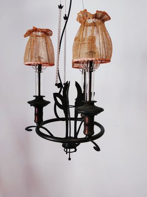 Vintage Wrought Iron Chandelier with Beaded Lampshades-QLH-819786