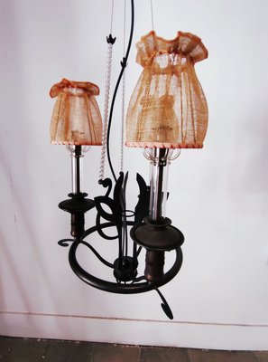 Vintage Wrought Iron Chandelier with Beaded Lampshades-QLH-819786