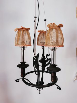 Vintage Wrought Iron Chandelier with Beaded Lampshades-QLH-819786