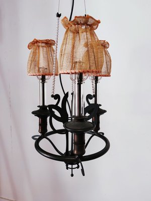 Vintage Wrought Iron Chandelier with Beaded Lampshades-QLH-819786