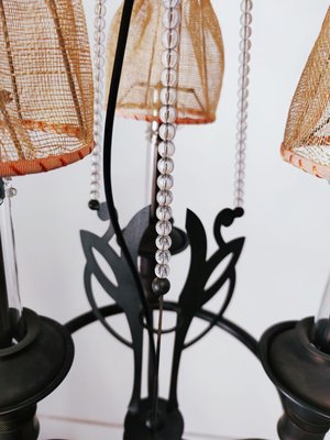 Vintage Wrought Iron Chandelier with Beaded Lampshades-QLH-819786