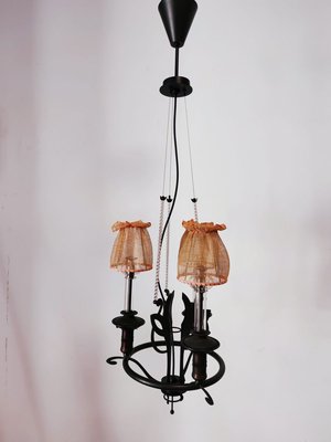 Vintage Wrought Iron Chandelier with Beaded Lampshades-QLH-819786